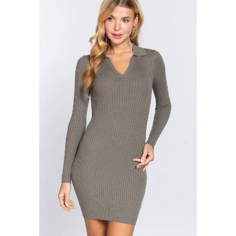 Fashionable and versatile Long Sleeve Sage Green V-neckline Rib Mini Dress Sweater
