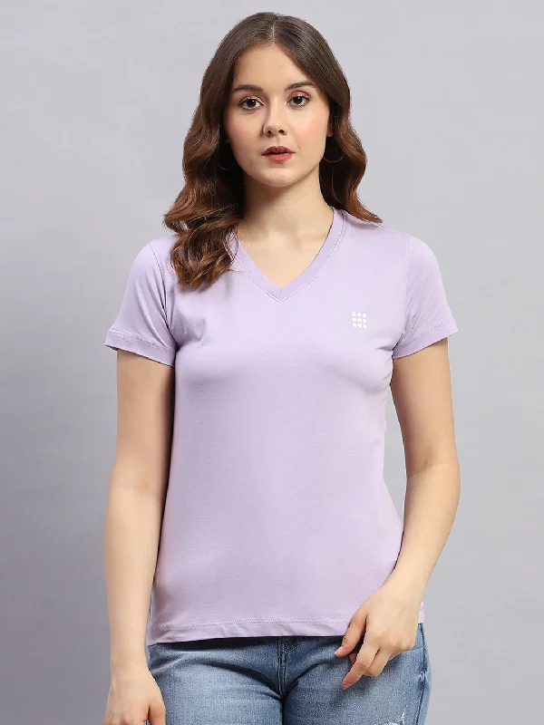Celebrity Style Women Purple Solid V Neck Half Sleeve Top