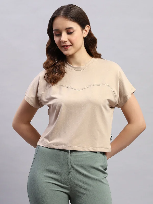 Elegant Design Women Beige Solid Round Neck Half Sleeve Top